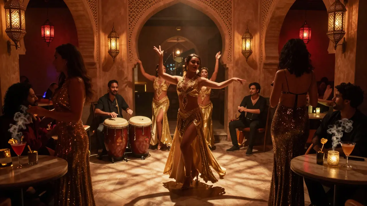 Moroccan-themed nightclub with belly dancers, lanterns, and guests enjoying glowing cocktails.
