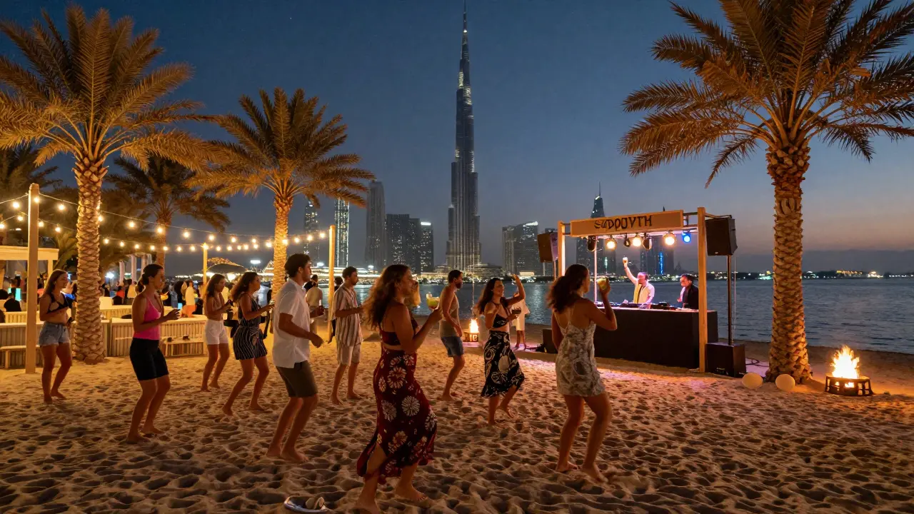 People dancing barefoot on a beach at night with bonfire and Burj Khalifa glowing in the background.