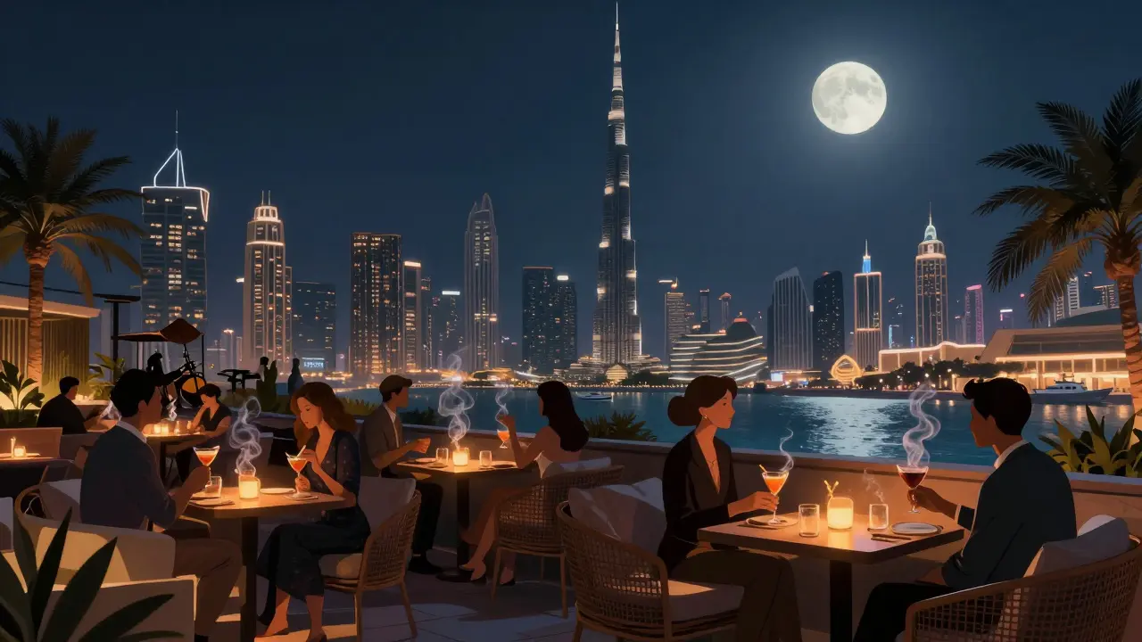 Rooftop lounge at night with city skyline and Burj Khalifa glowing, patrons sipping cocktails under soft ambient lights.