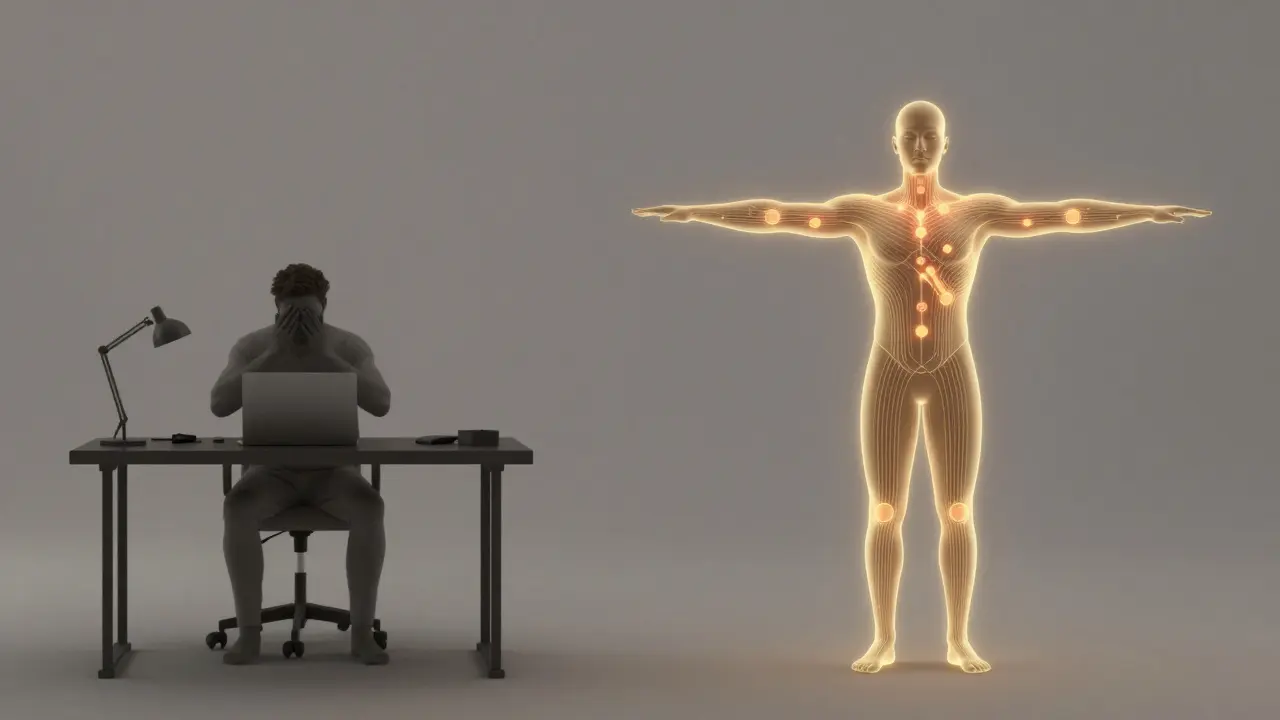 Silhouette of a person transformed from tense to aligned after Thai massage, with energy lines glowing along the body.