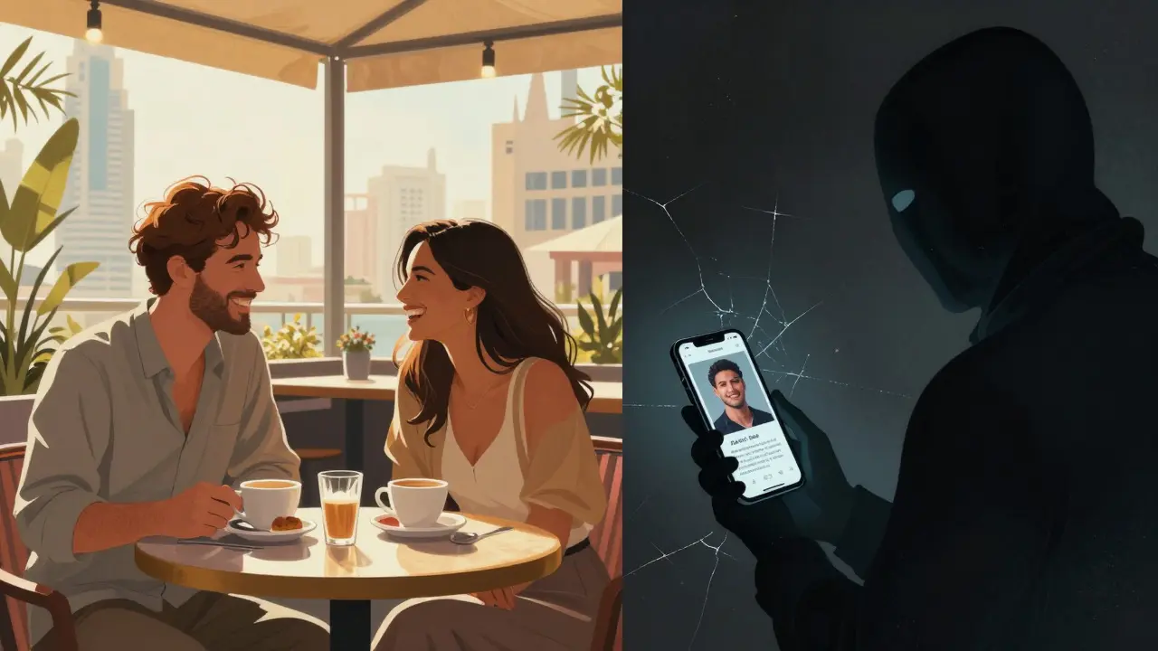 Split scene: a couple laughing over coffee at a rooftop lounge vs. a shadowy figure with a fake escort ad on a phone.
