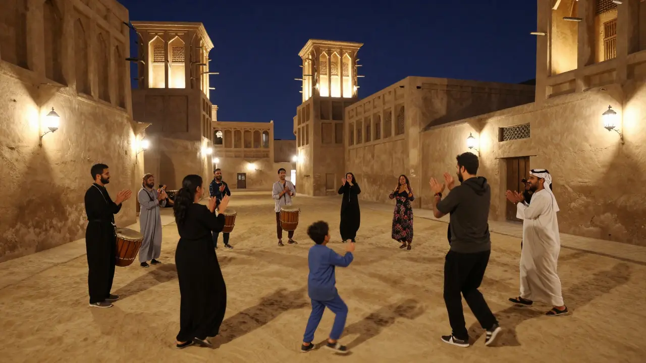 Spontaneous dance circle in Al Fahidi's narrow alleys with lantern light and drummers.