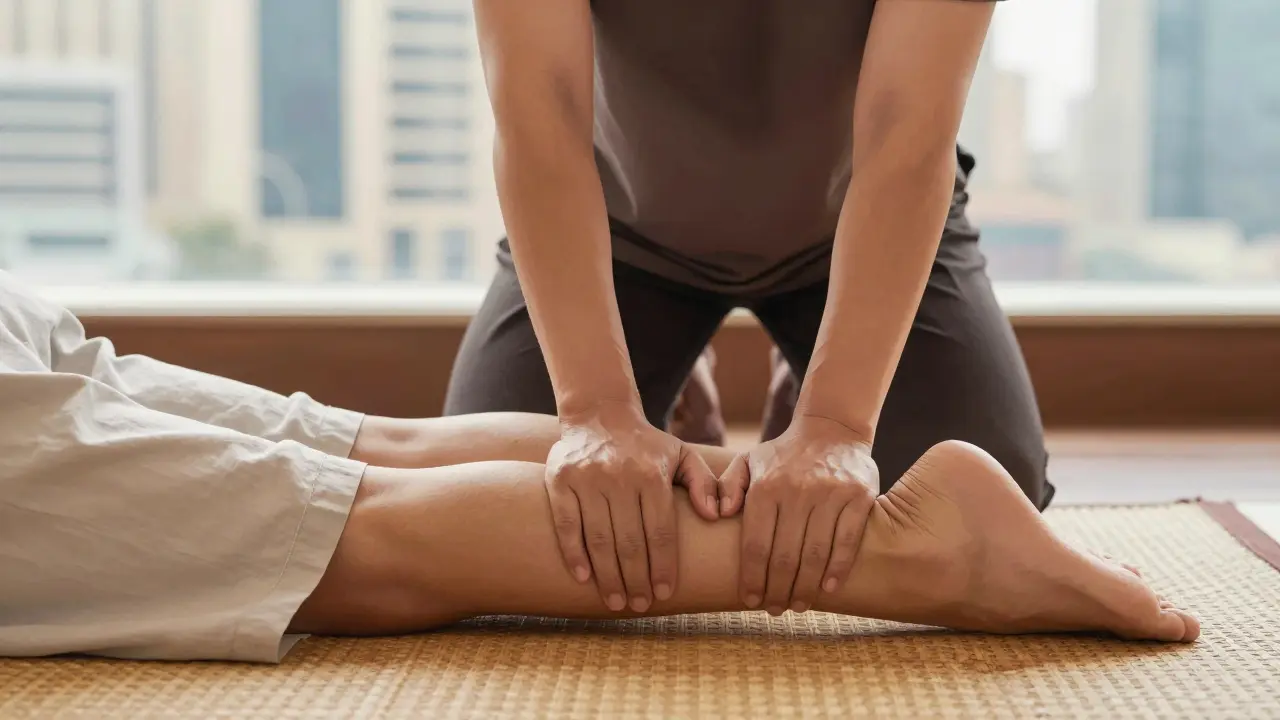 Thai massage therapist using body pressure to stretch a client on a mat, natural light, Dubai city visible in background.