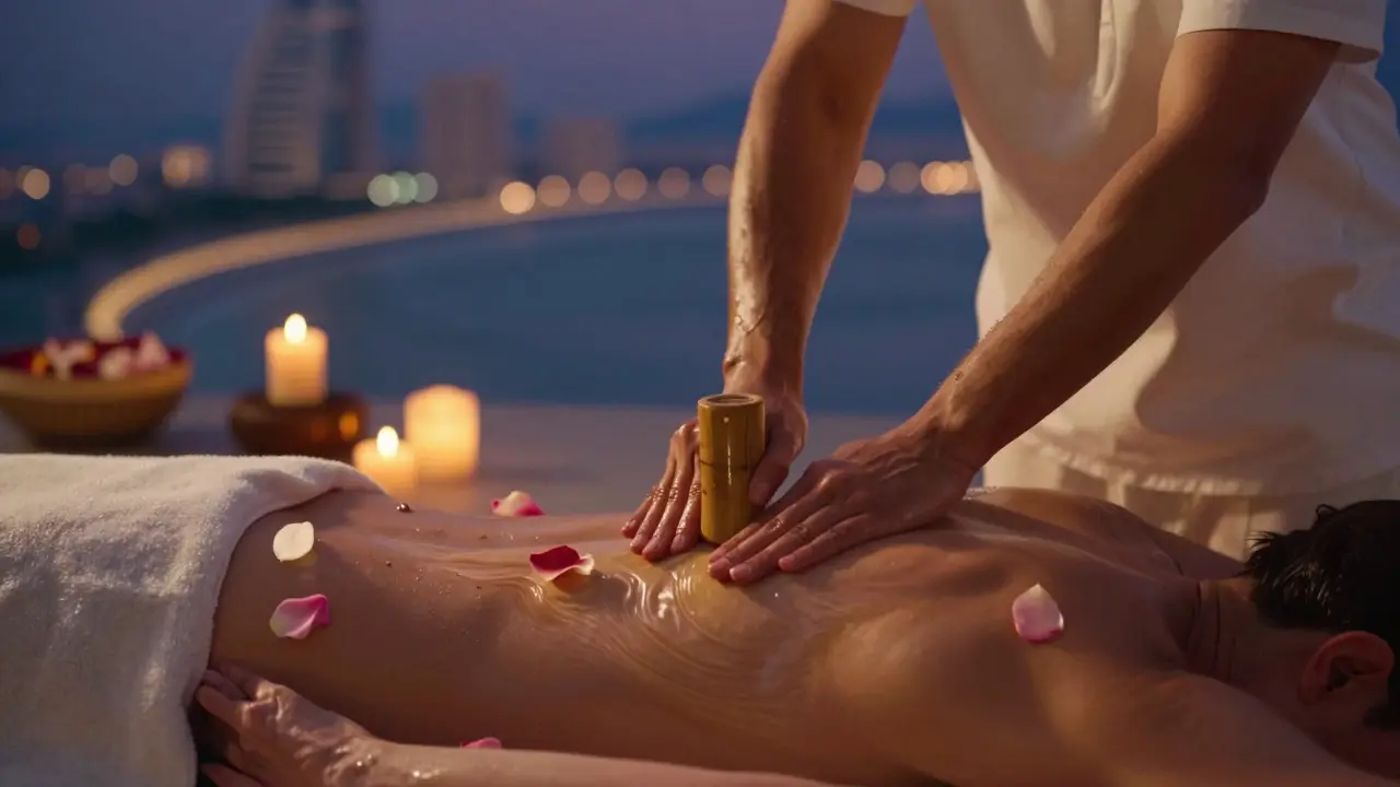 Therapist in a linen robe performing a flowing body-to-body massage with heated oils, surrounded by floating petals and lanterns, Palm Jumeirah skyline visible in the background.