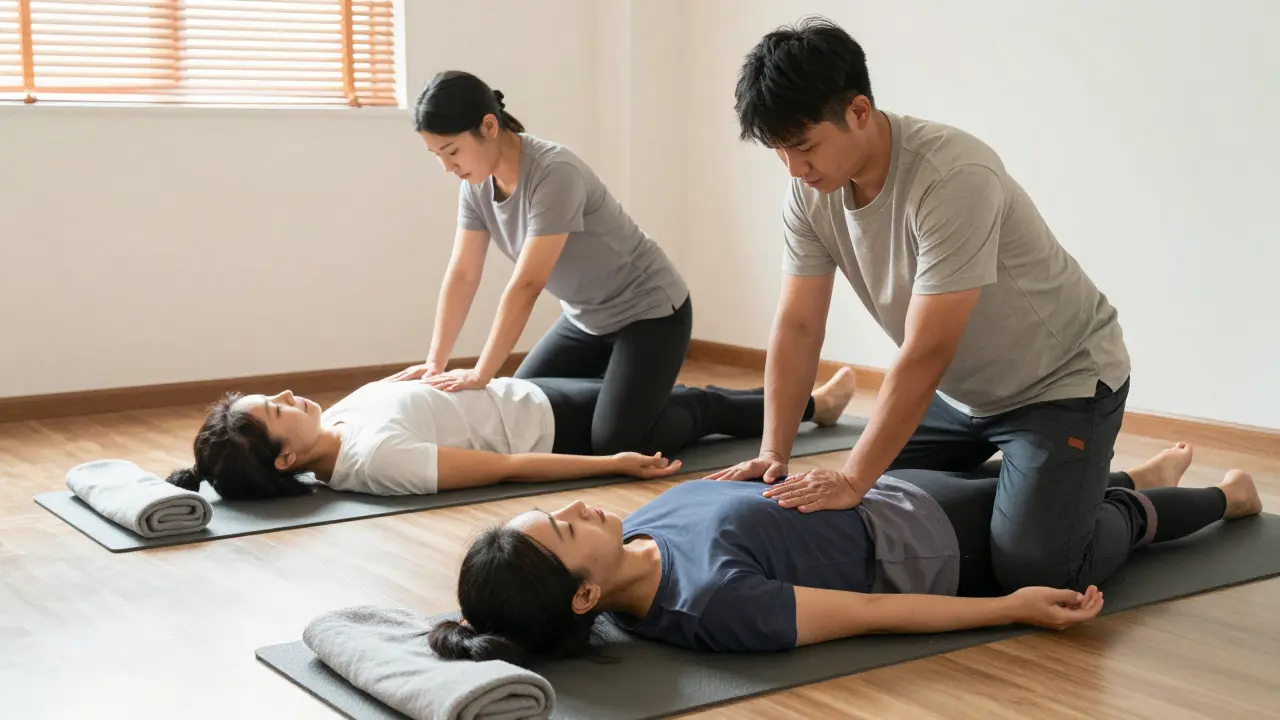 Therapists performing Thai Stretch massage on two clients side by side, focused on body movement and technique.