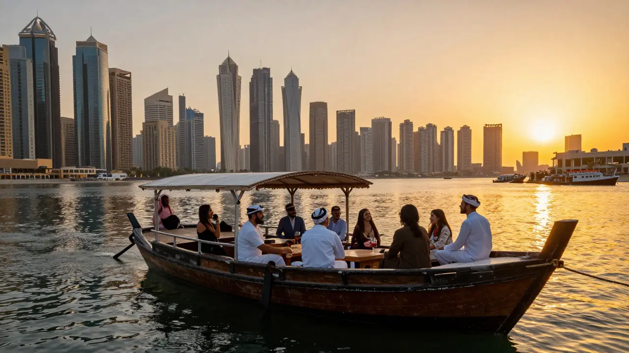 Traditional dhow cruise on Dubai Creek with skyline views and happy passengers.
