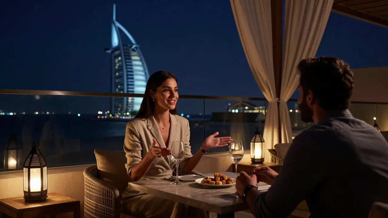 Two people conversing on a rooftop lounge in Jumeirah at midnight, Dubai skyline glowing behind them.