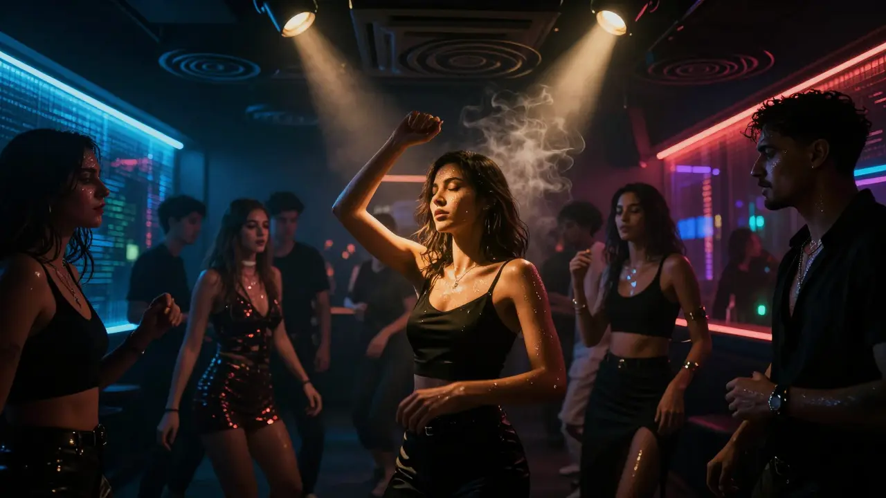 Underground club in Dubai with LED lights and dancers moving to bass-heavy music, no phones visible.