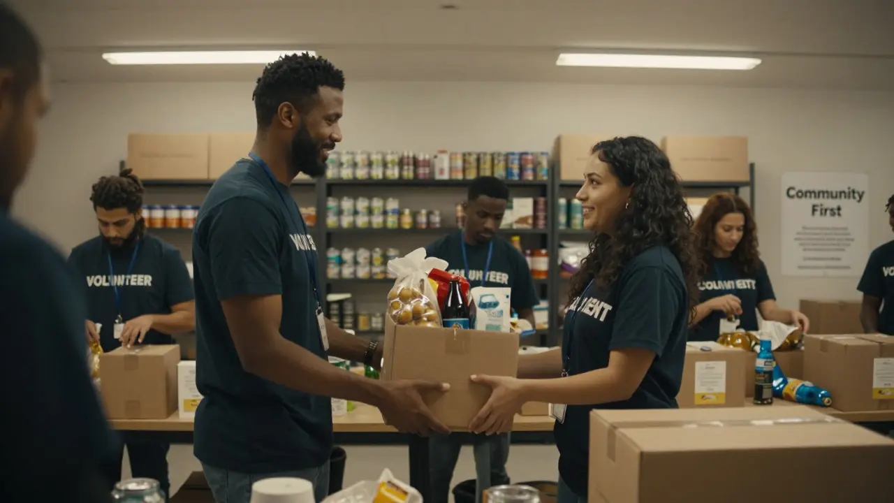 Volunteers sorting food donations at a Dubai community center, exchanging a quiet smile.