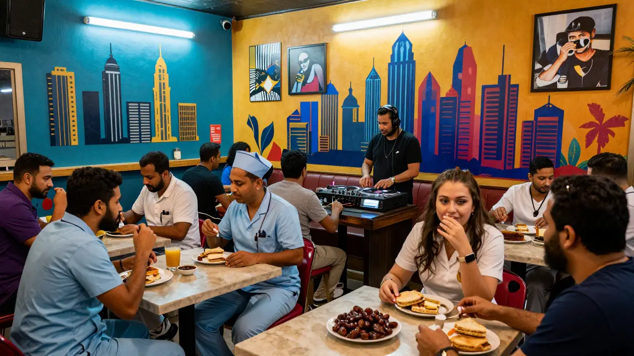 24-hour café in Dubai at midnight, filled with workers and travelers, a DJ playing music, and people eating together at mismatched tables.