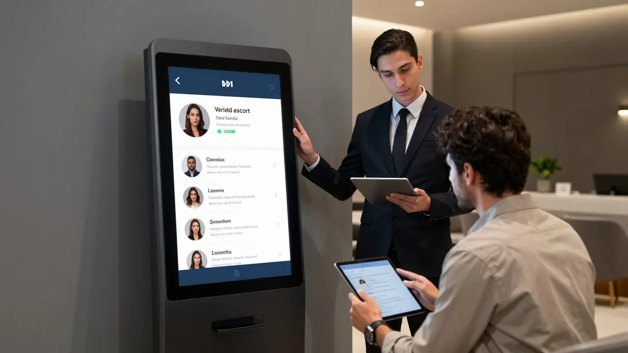 A client reviewing verified escort profiles on a tablet in a sleek, professional agency booking lounge in Dubai.