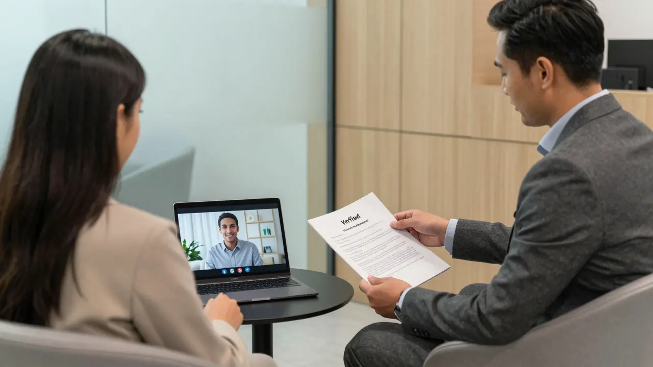 A client watching a video call with a verified companion in a discreet, professional agency office.
