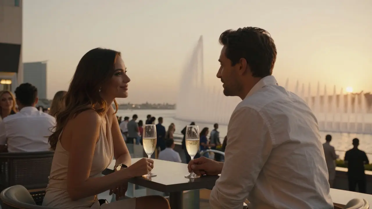 A couple enjoying a quiet moment at a Dubai rooftop bar at sunset, with the city and fountain in the distance.