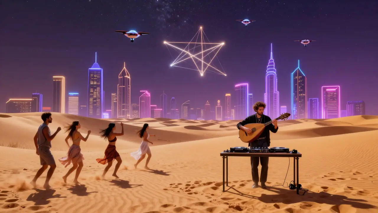 A desert concert where traditional oud meets electronic music under a sky filled with glowing drone art.
