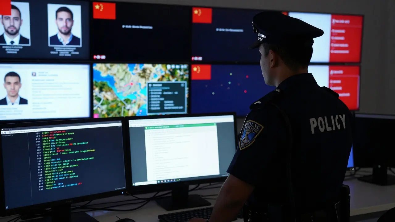 A Dubai police officer monitors digital screens showing scam activity, with fake profiles and payment trails displayed.