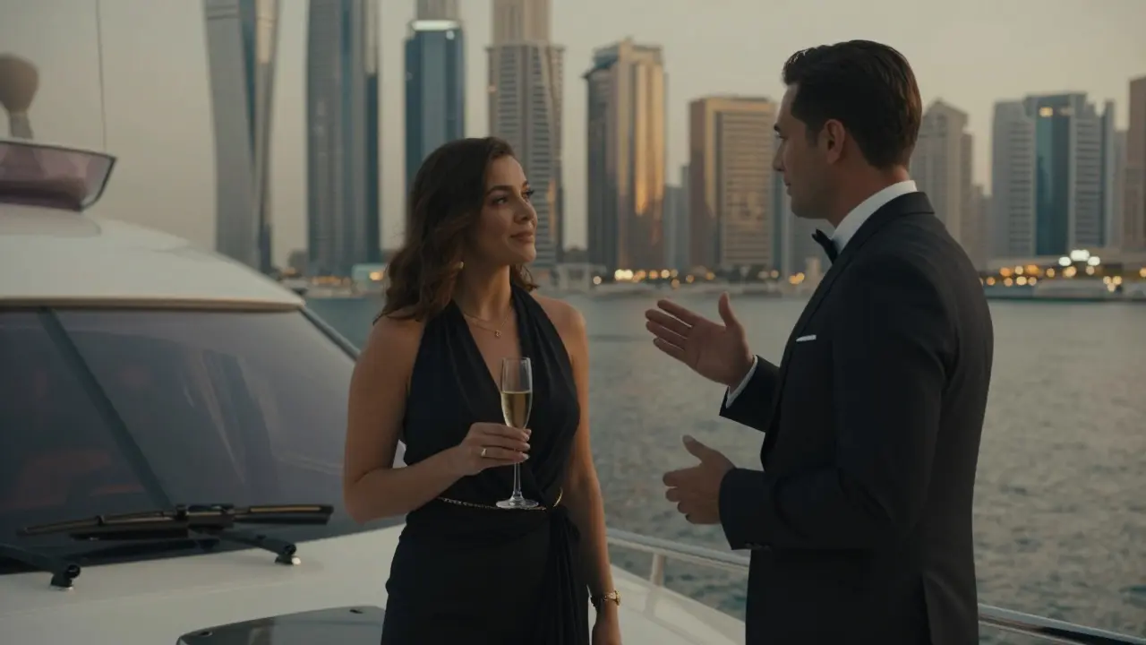 A European companion stands gracefully beside a yacht at Dubai Marina at dusk, sharing a quiet moment with a client under the city lights.