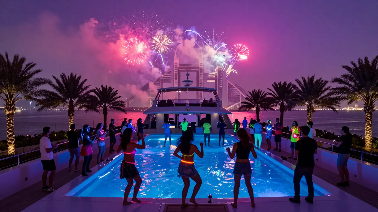 A glow-themed yacht party under the stars, with neon-lit guests, underwater LEDs, and fireworks lighting up Dubai's horizon.