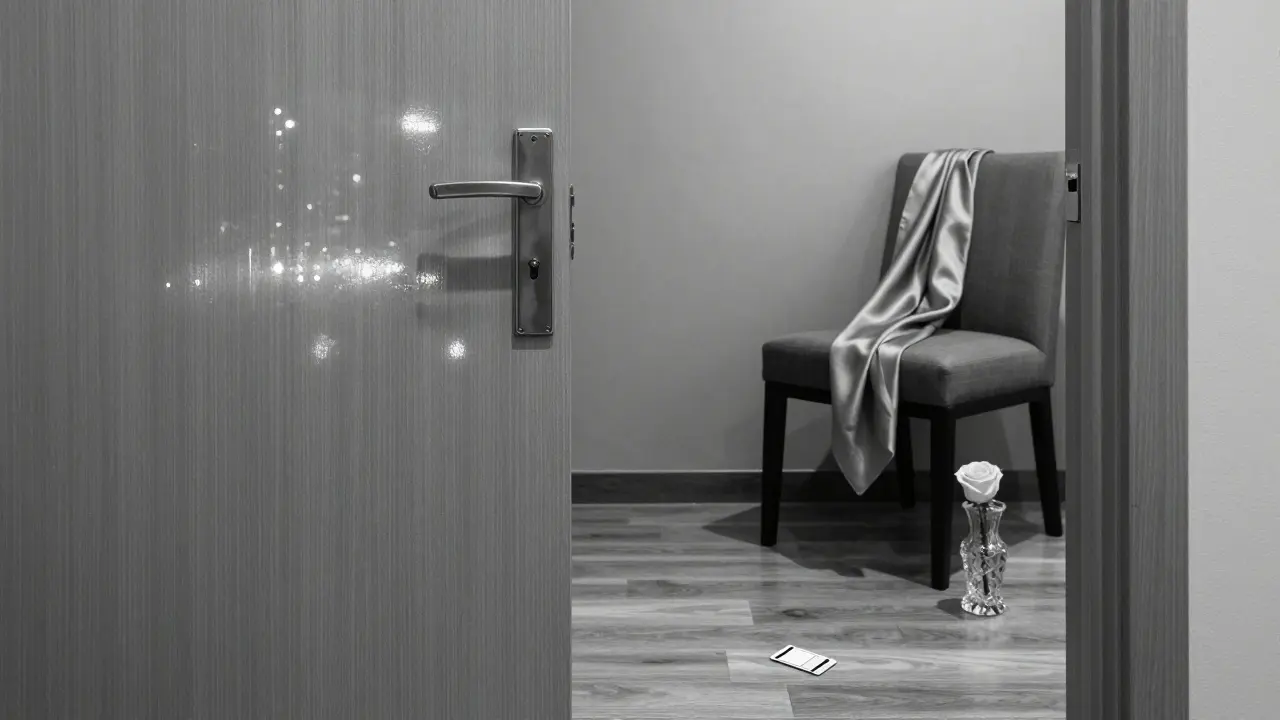 A locked hotel room door in Dubai with a keycard and silk scarf inside, evoking quiet, discreet companionship.