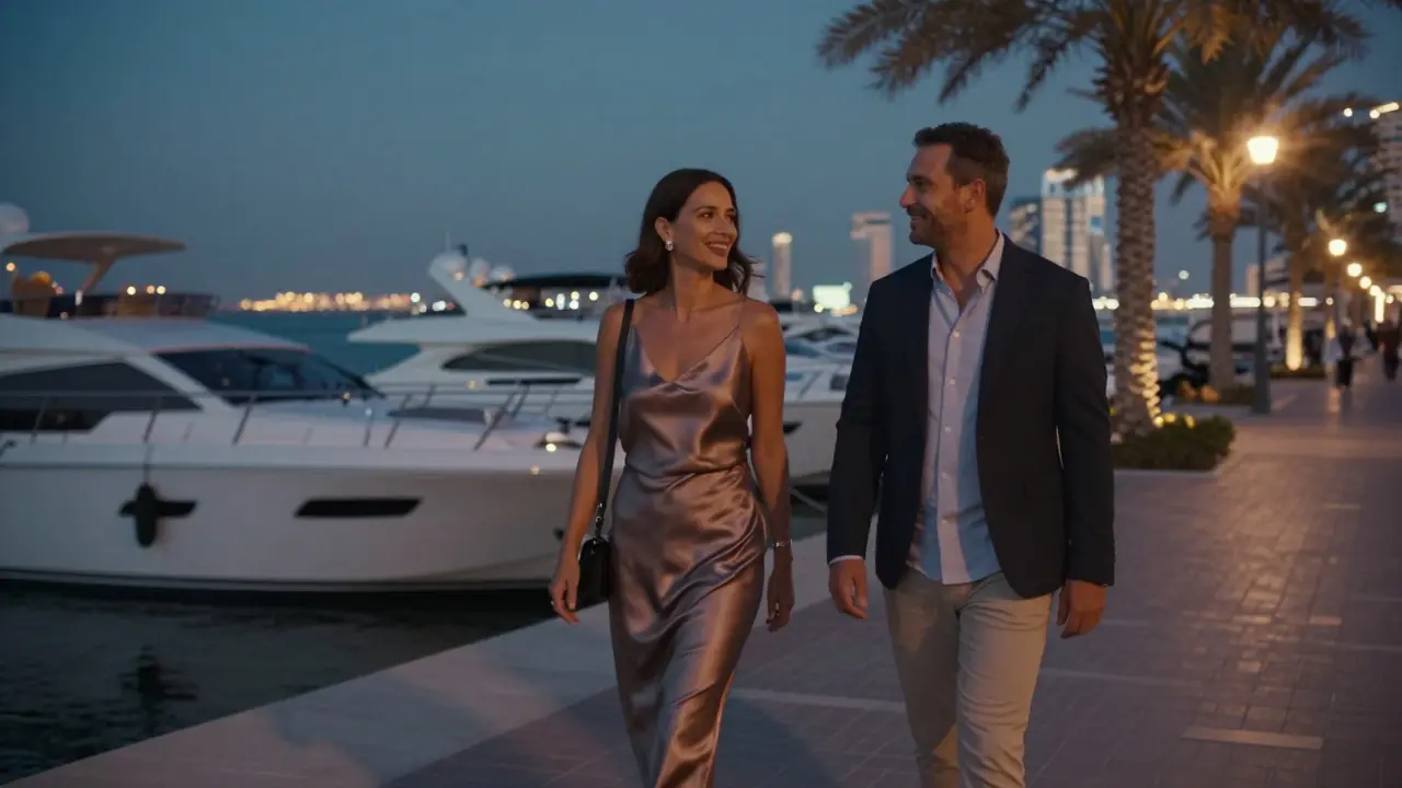 A man and woman walking peacefully along Dubai Marina at twilight, enjoying each other's company under soft lights.
