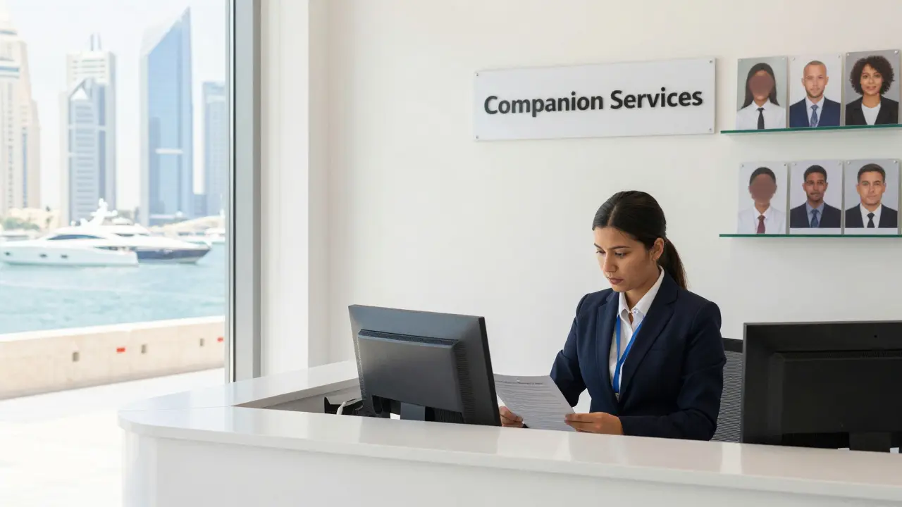 A professional companion agency office in Dubai Marina with a discreet reception and client profiles on display.