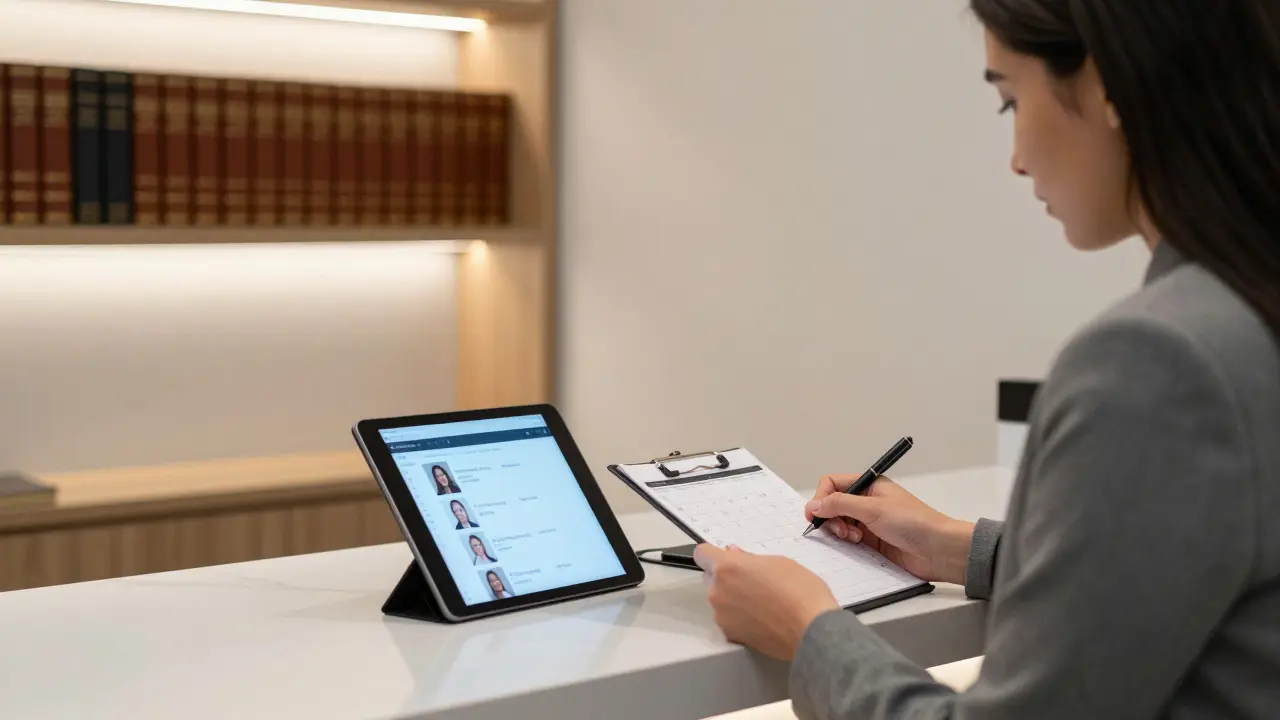 A professional woman reviewing verified client profiles in a discreet, upscale companionship agency office.