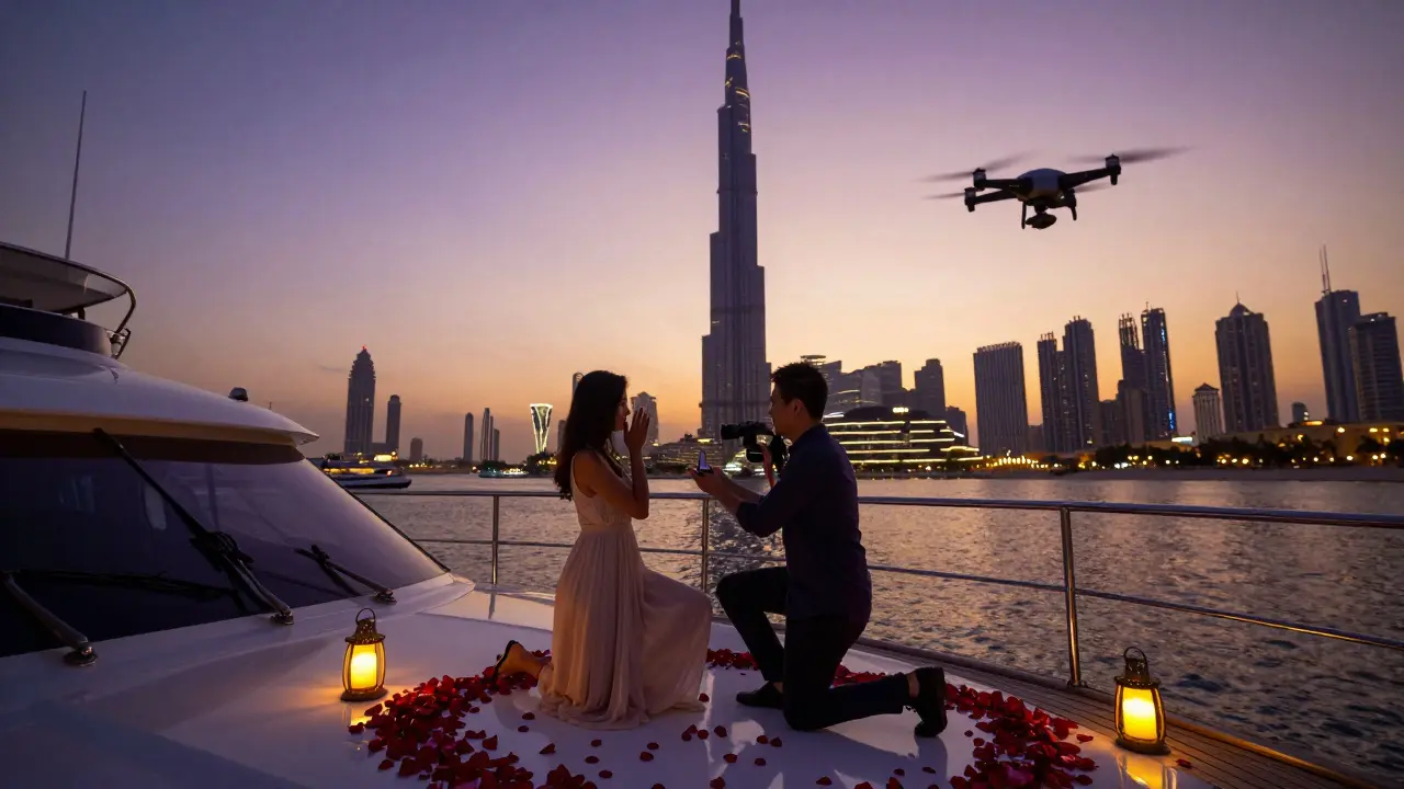 A romantic proposal on a yacht at twilight with rose petals, lanterns, and the Burj Khalifa glowing behind the couple.