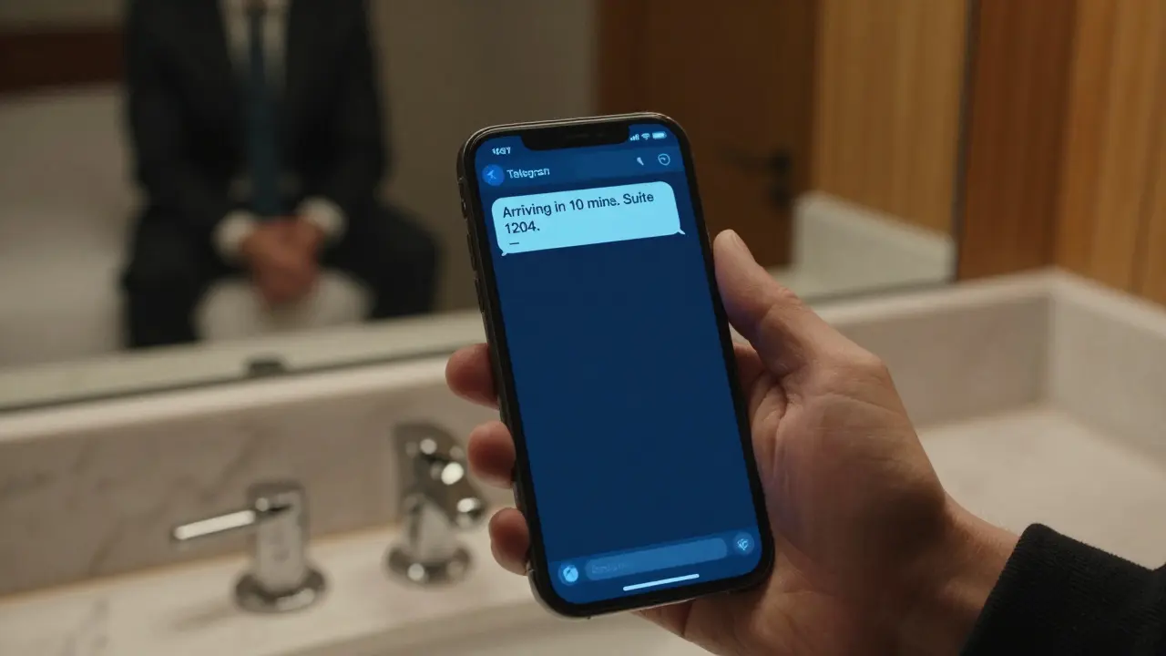 A smartphone screen showing a private Telegram message about a meeting, reflected in a bathroom mirror.