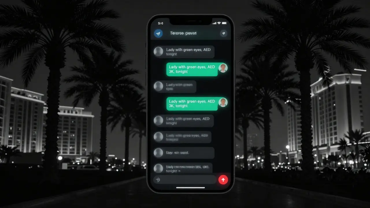 A smartphone showing coded Telegram messages about companionship services in Dubai.