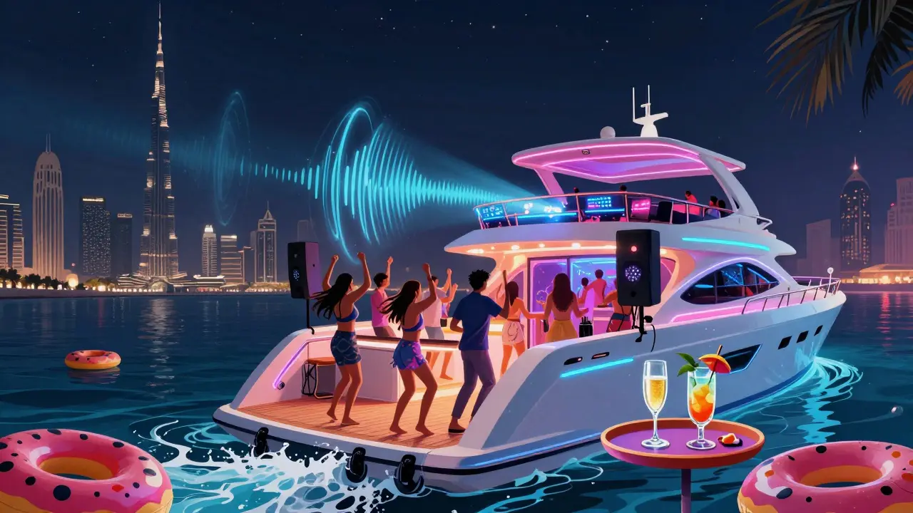 A vibrant DJ yacht party at night in Dubai with LED lights, dancing guests, and the Burj Khalifa in the distance.