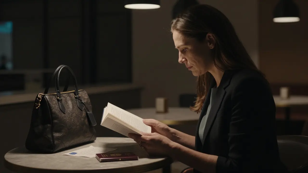 A woman from Stockholm reads quietly in the Dubai Opera lobby, her passport and book open, bathed in soft ambient light.