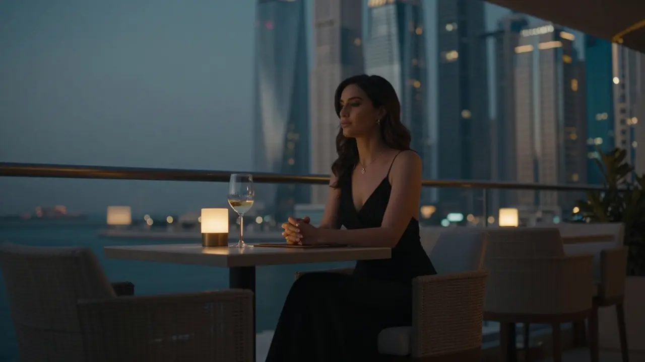 A woman in black dress sits alone at a rooftop lounge in Dubai Marina at twilight, skyline glowing behind her.