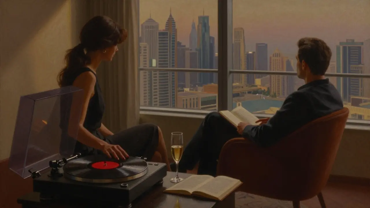 A woman playing vinyl in a minimalist penthouse, man gazing at Dubai's skyline at midnight.