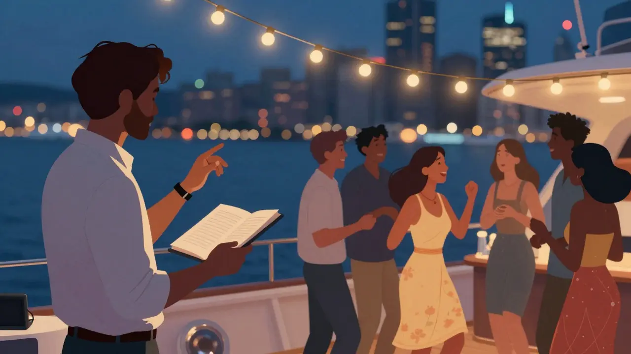 A yacht party host subtly guiding the evening's mood as guests laugh and dance under string lights on the water.