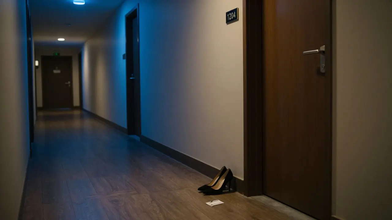 An empty hotel hallway at night with a single high-heeled shoe beside a closed door, keycard on the floor.