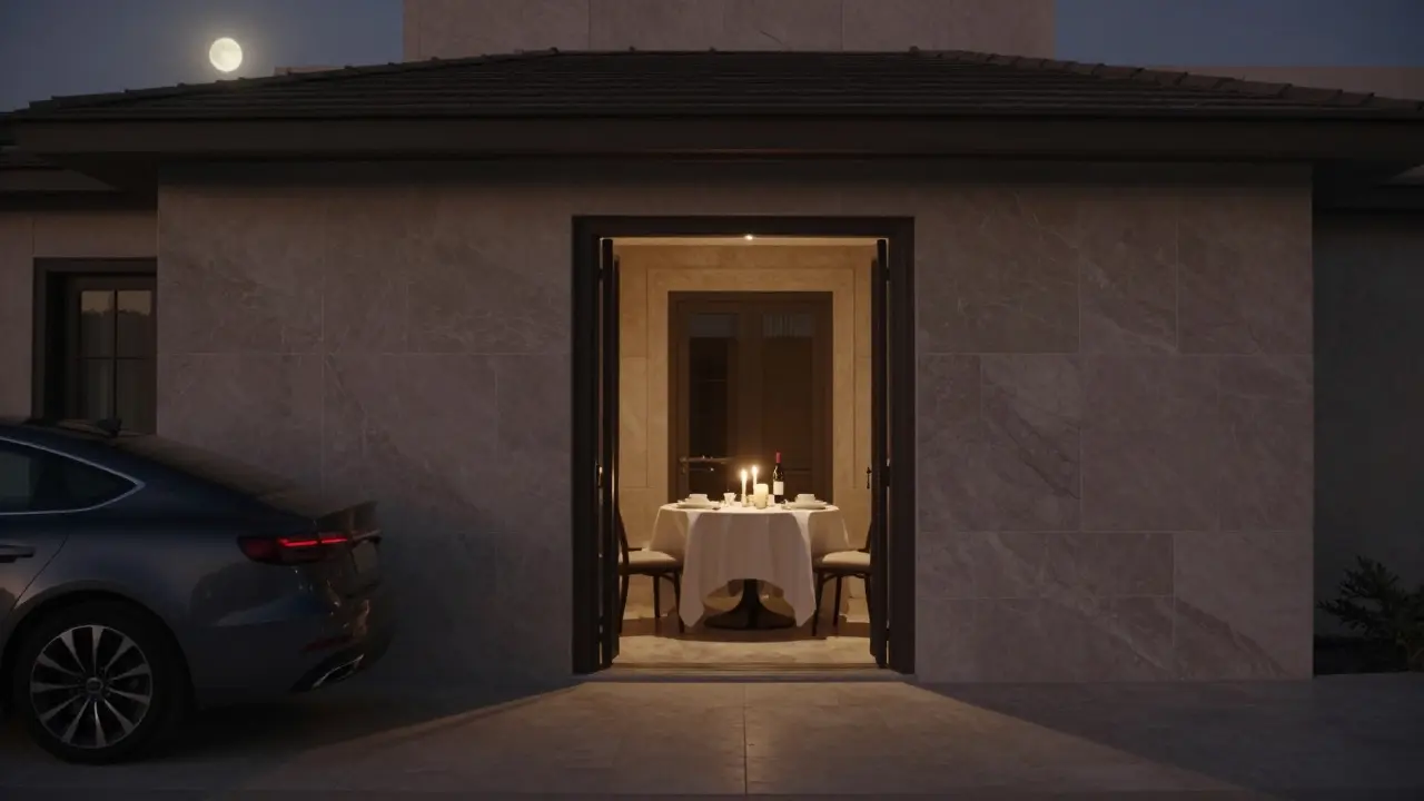 An empty luxury villa in Dubai at twilight, dining table set for two under moonlight.