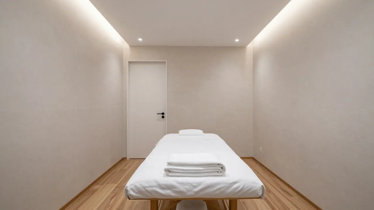 Clean private treatment room with white linens and dim lighting.