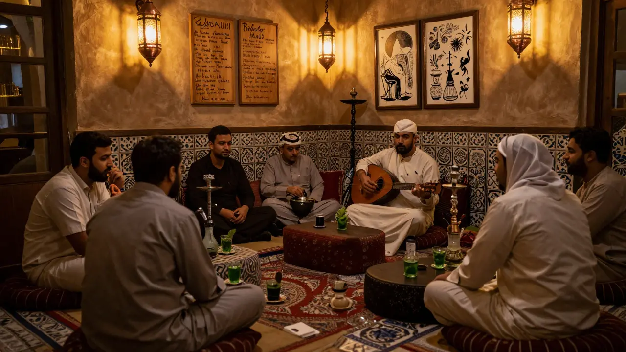 Cozy Arabic shisha lounge with locals and expats relaxing on cushions, lit by lanterns, while an oud player performs softly.
