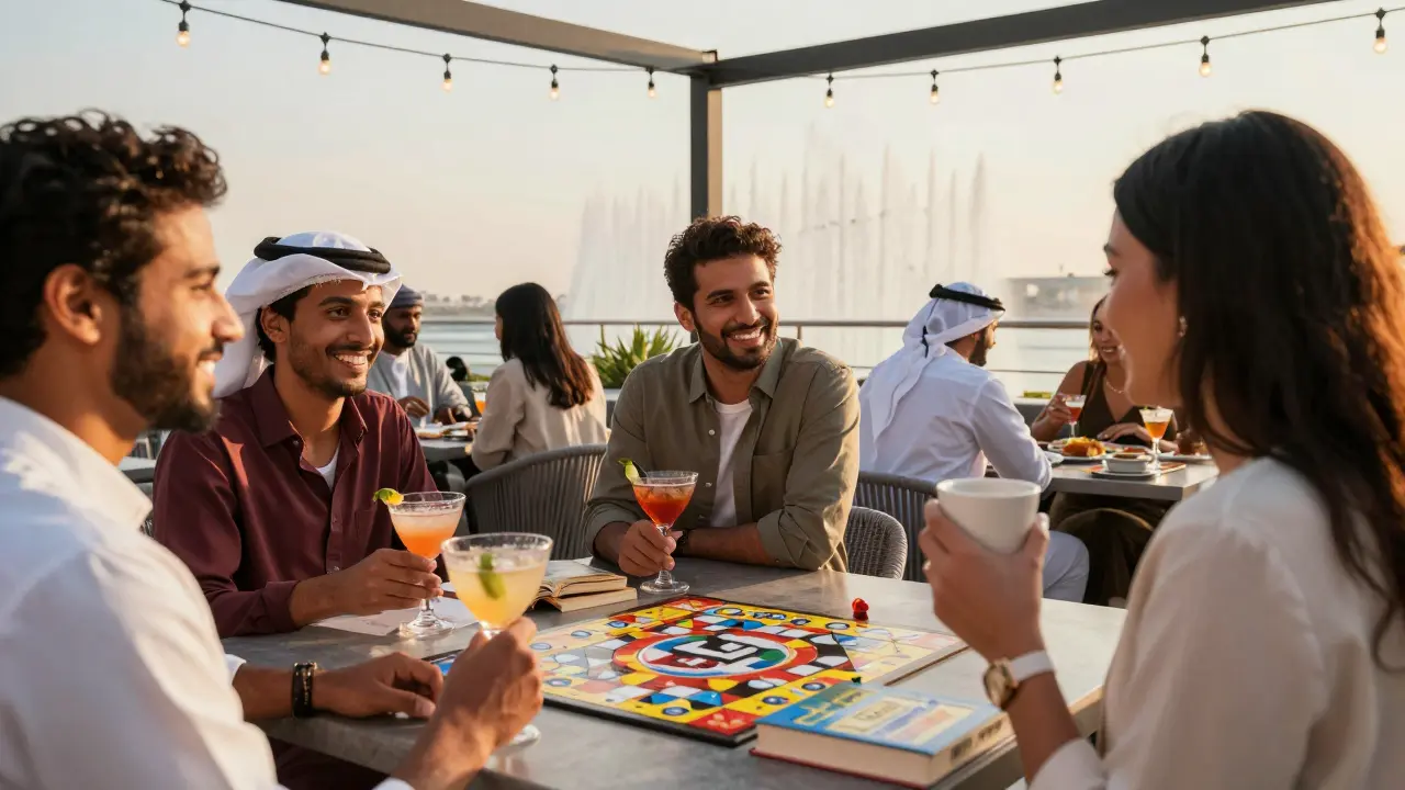Diverse people socializing warmly on a Dubai rooftop lounge at sunset, enjoying drinks and conversation with the fountain in the distance.