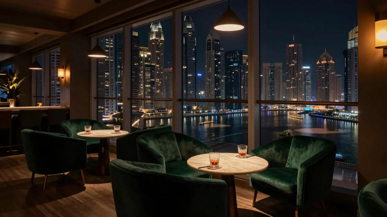Empty luxury rooftop bar with city lights view