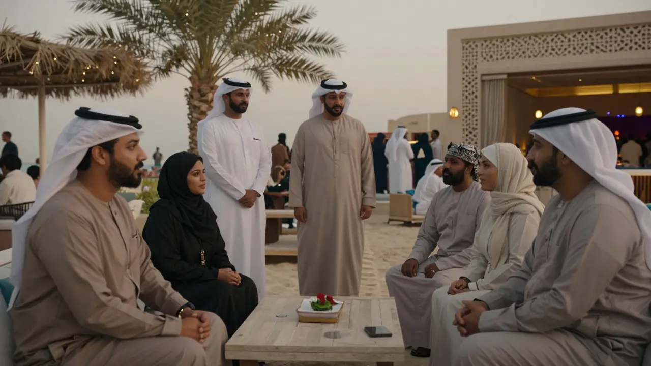 Guests in modest attire conversing respectfully at Dubai beach club