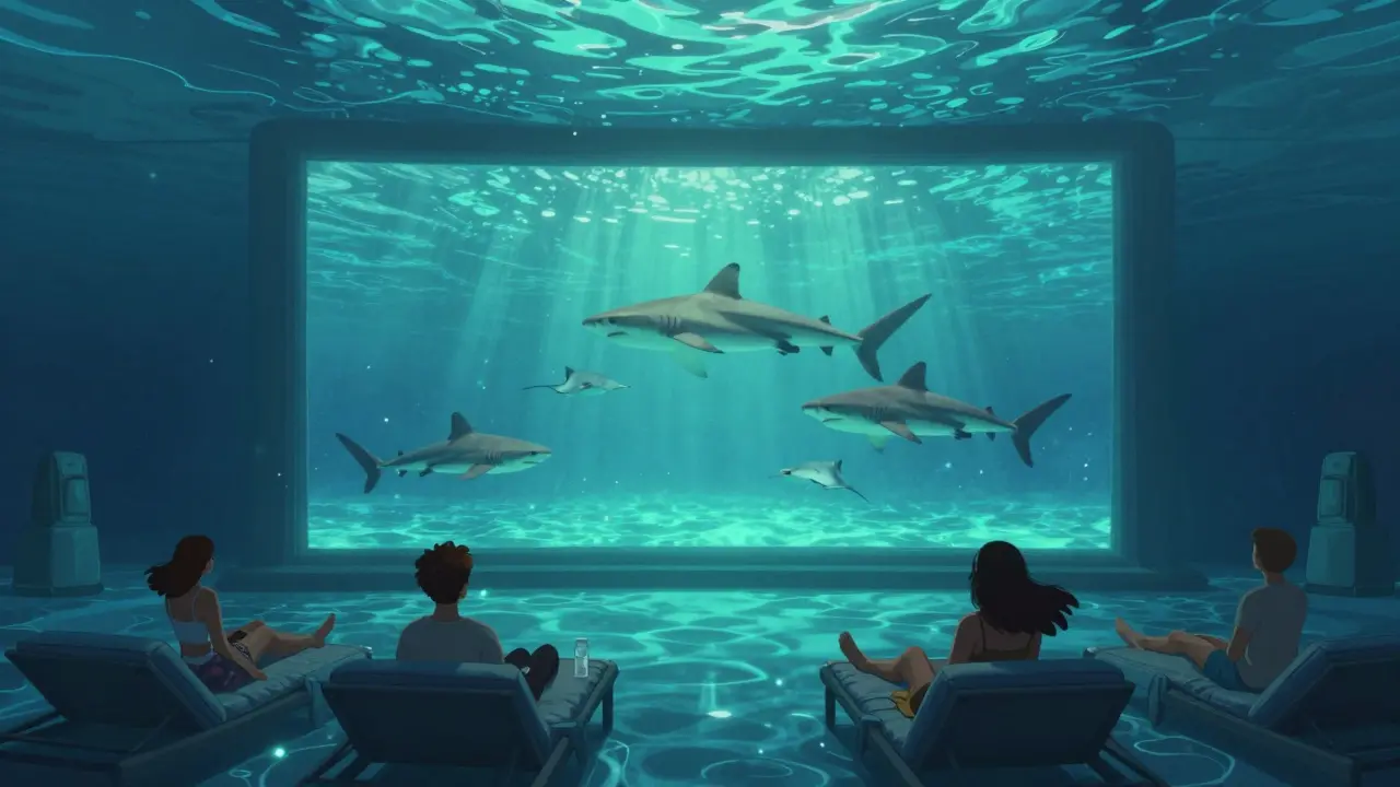 Guests watching a movie underwater at Atlantis The Palm as sharks swim past the glass wall.