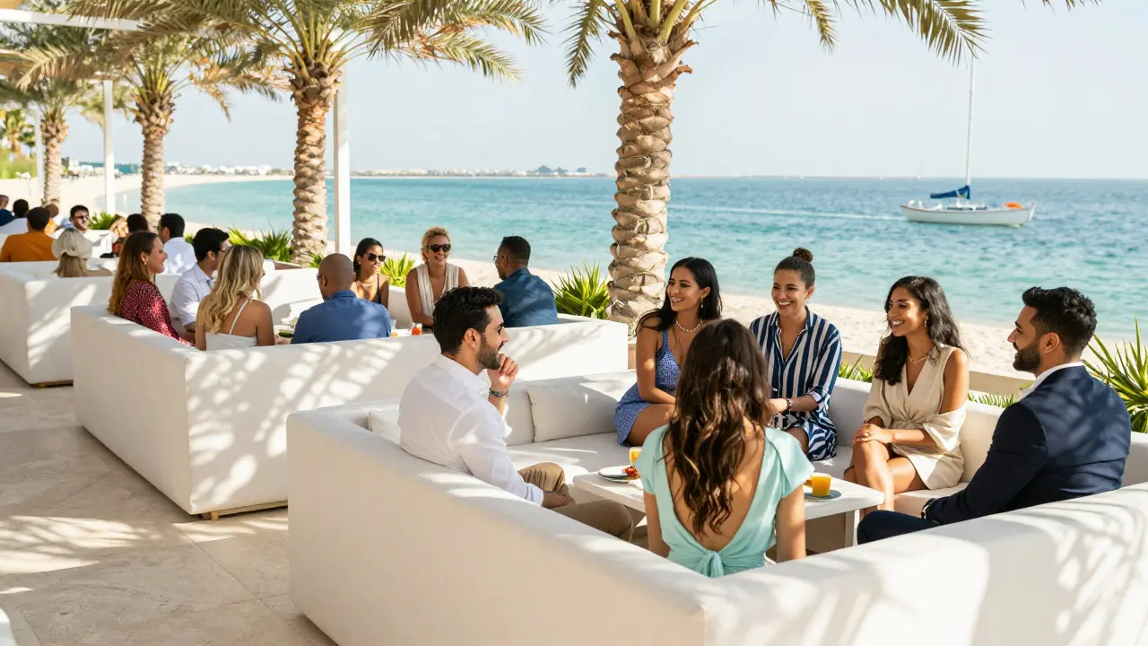 Happy travelers relaxing at a luxury Dubai beach club during the day.