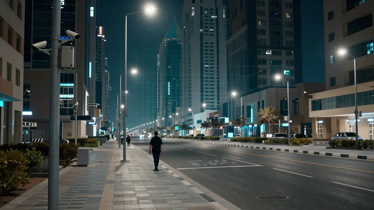 Modern city street with visible security cameras under night lights.
