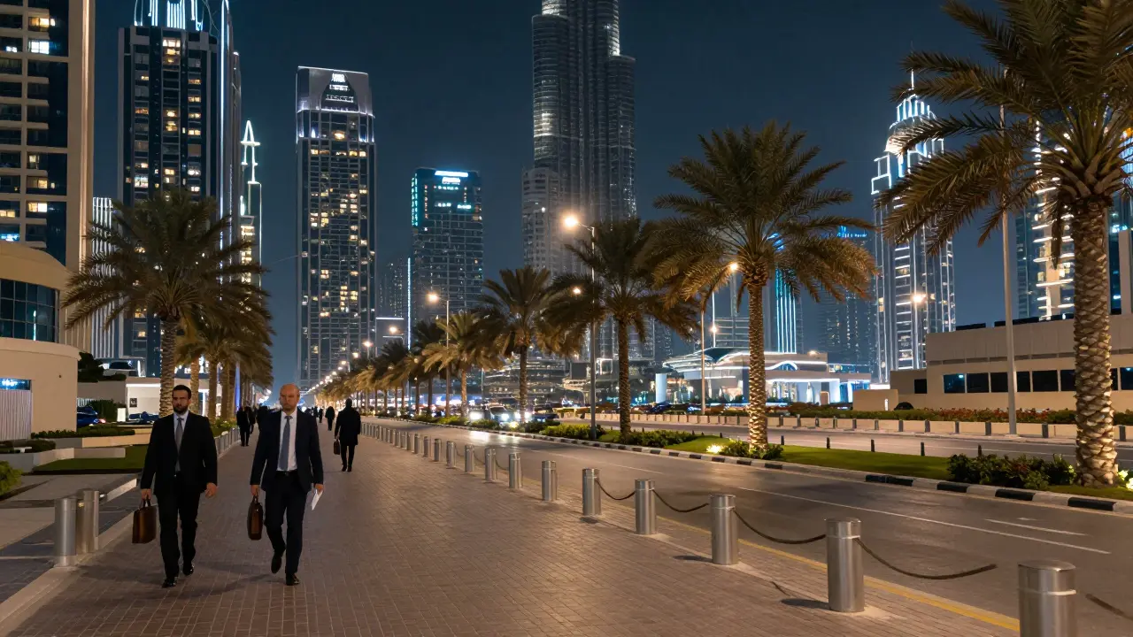 Night view of Dubai skyline with pedestrians walking
