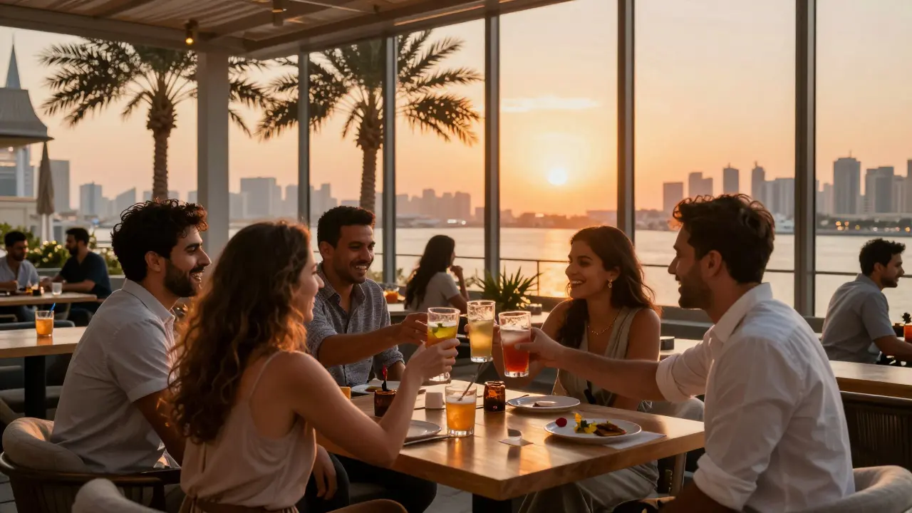 People socialize at a glowing Dubai rooftop bar at sunset, laughing and drinking with the city skyline in the background.