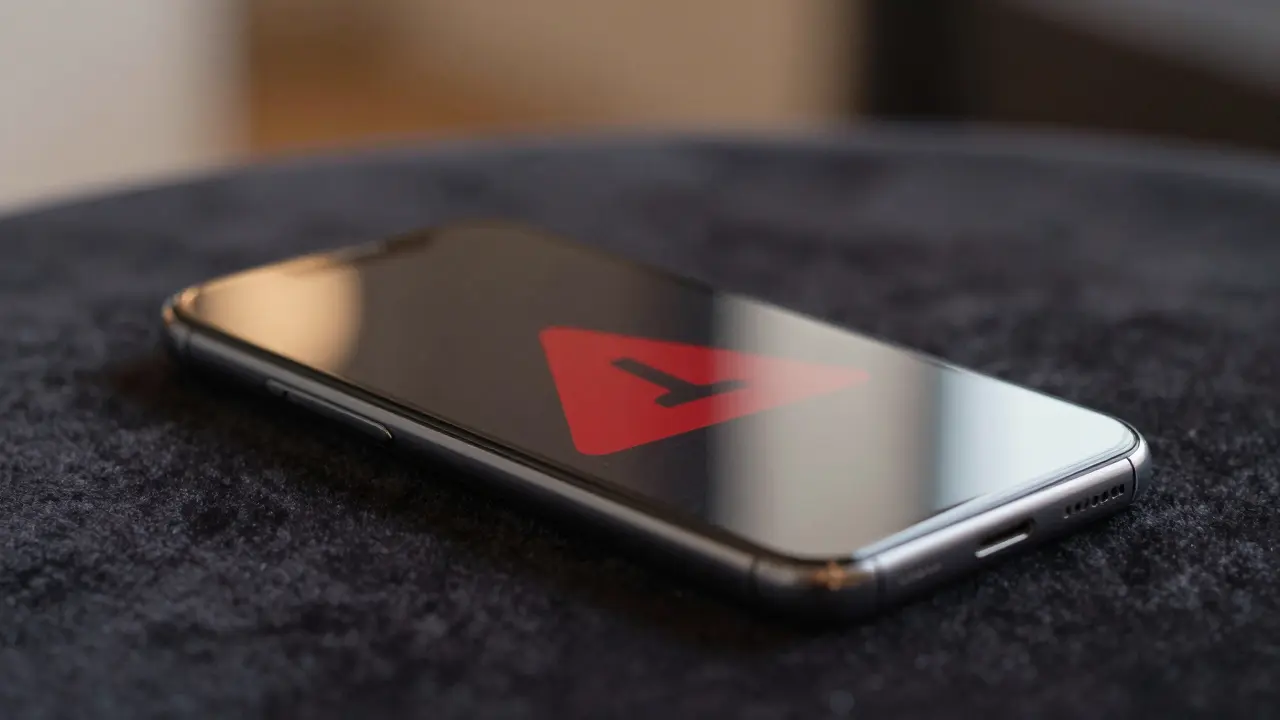 Smartphone on velvet table reflecting a red warning symbol.