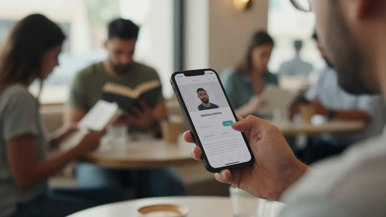 Someone using a dating app in a Dubai café, reflecting quiet, cautious digital connection.