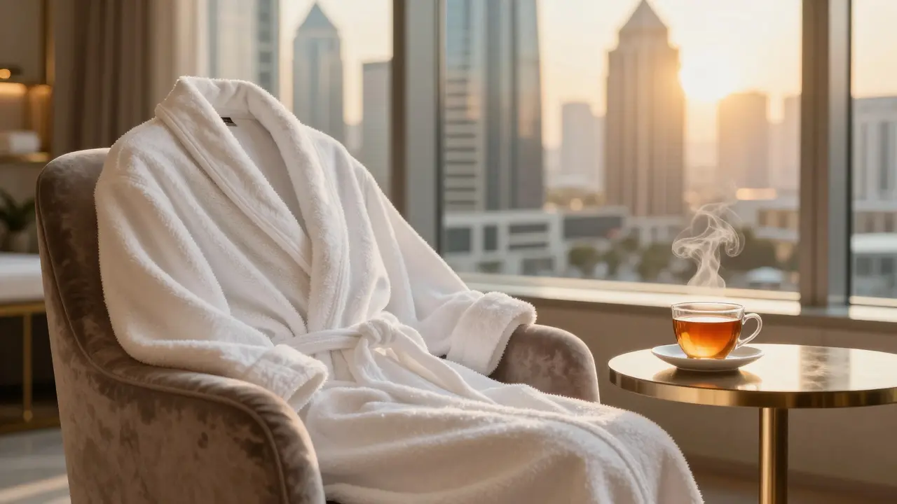 Spa lounge with robe and tea overlooking city at sunset.