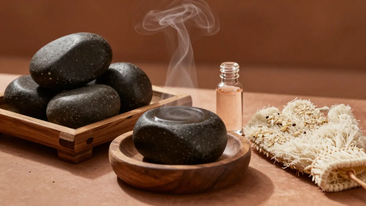 Traditional hammam stones and oils on a wooden tray.