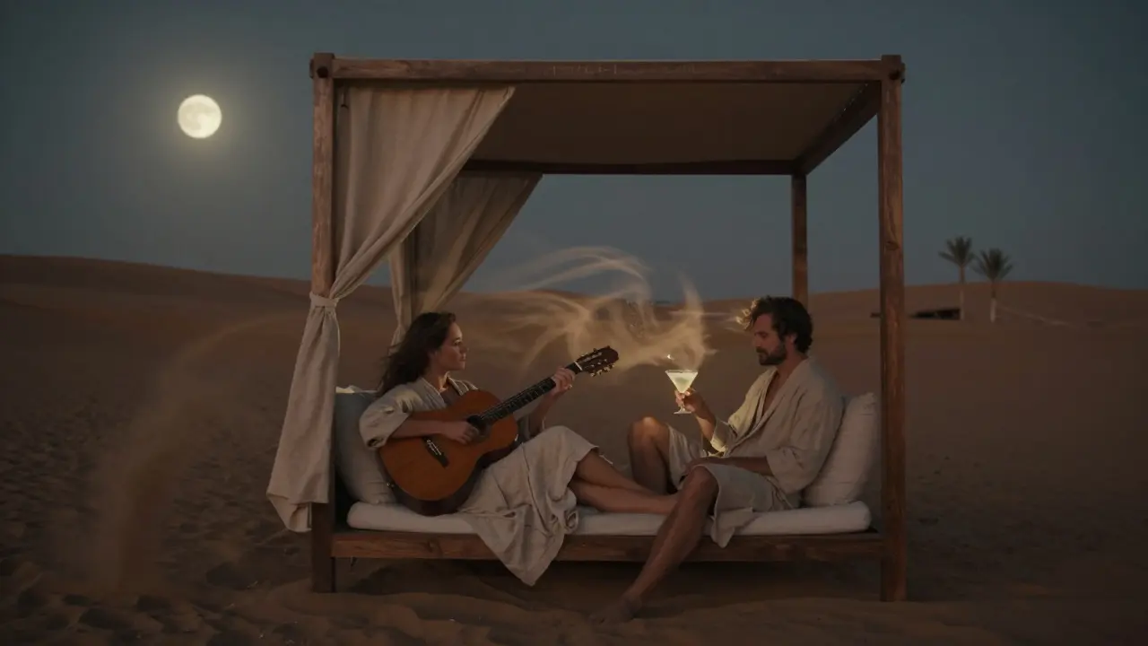 Tranquil cabana at a Dubai pool night with a couple relaxing, acoustic guitar strings blending into the breeze, soft moonlight.